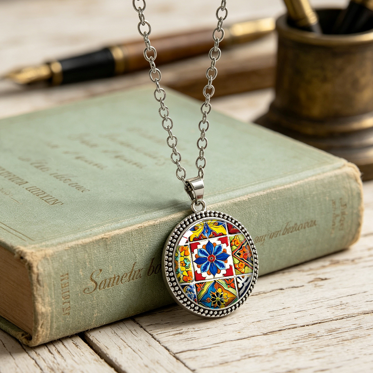 Bohemian Multicolor Ethnic Tile Lotus Pendant Necklace